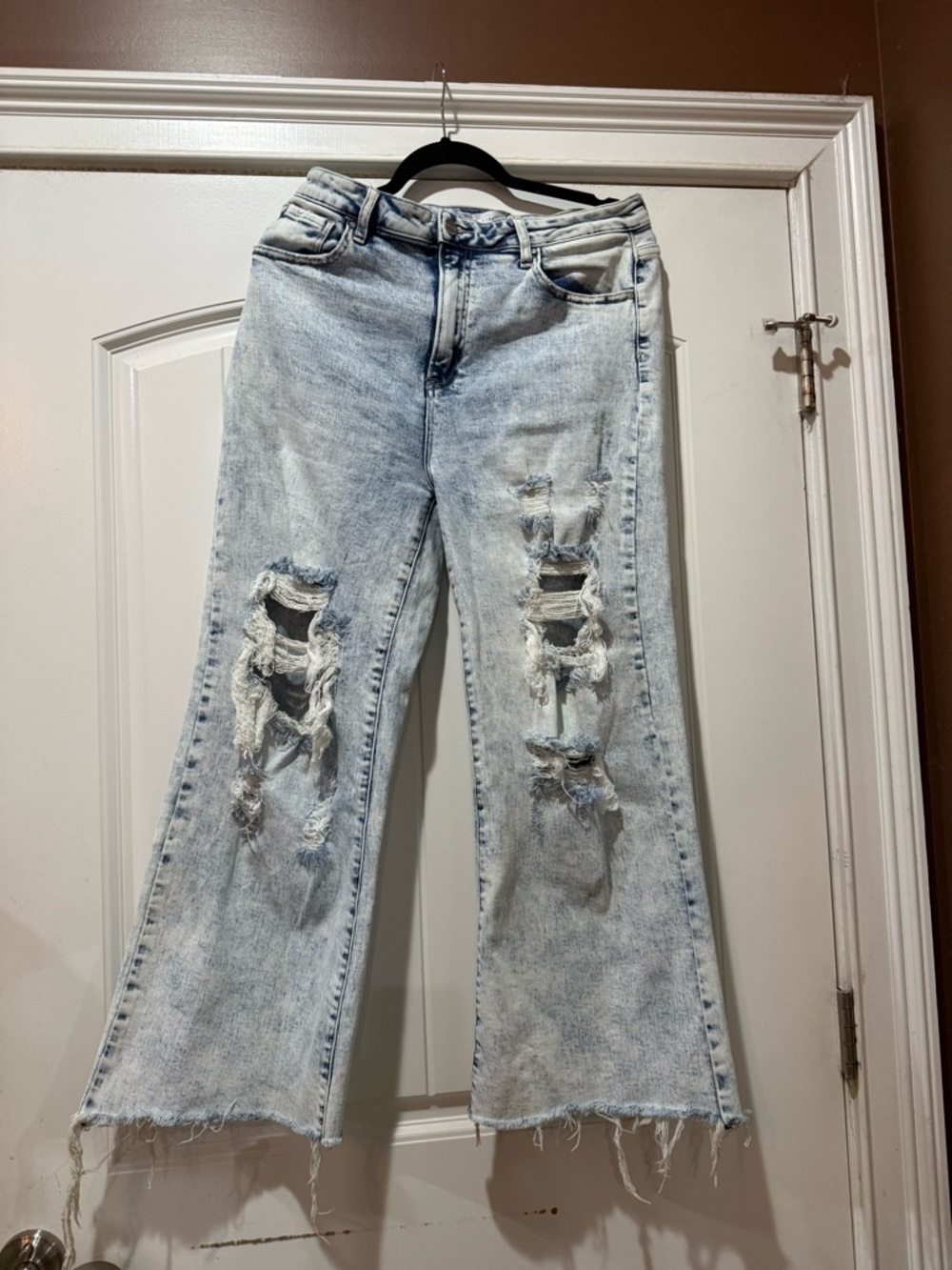 Light Blue Distressed Wide-Leg Jeans — High-Rise Flare